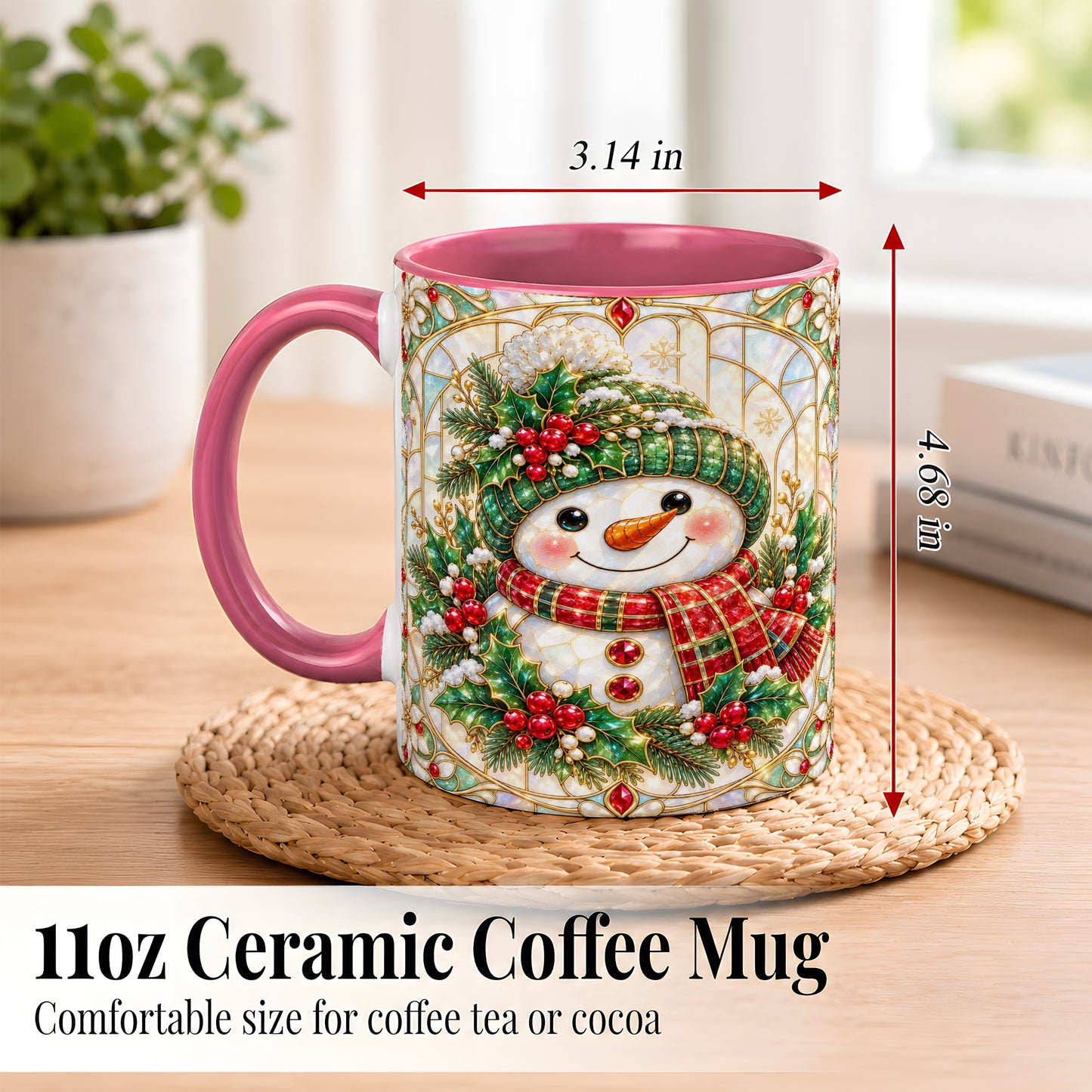 #pl[11oz|Pink] Christmas Snowman Coffee Mug, Plaid Holly Mug, Ceramic Cup