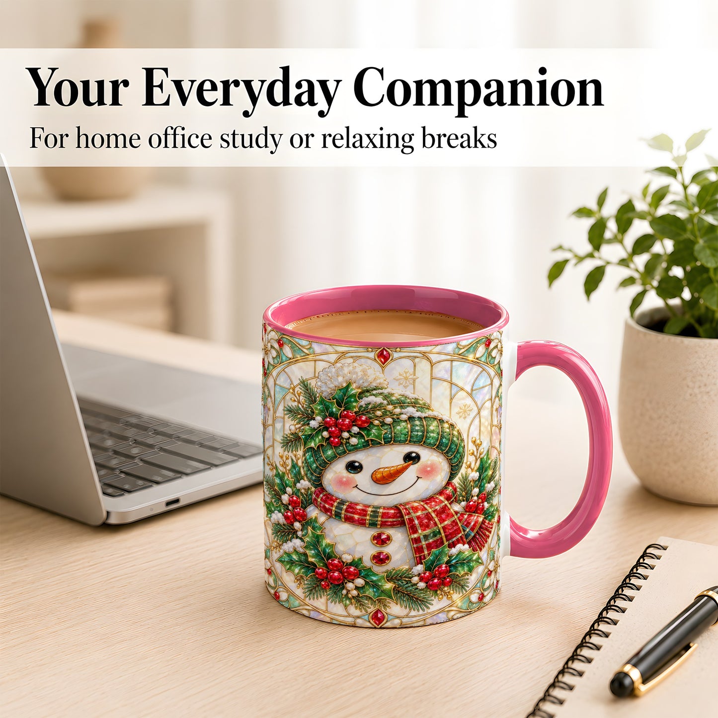 #pl[11oz|Pink] Christmas Snowman Coffee Mug, Plaid Holly Mug, Ceramic Cup
