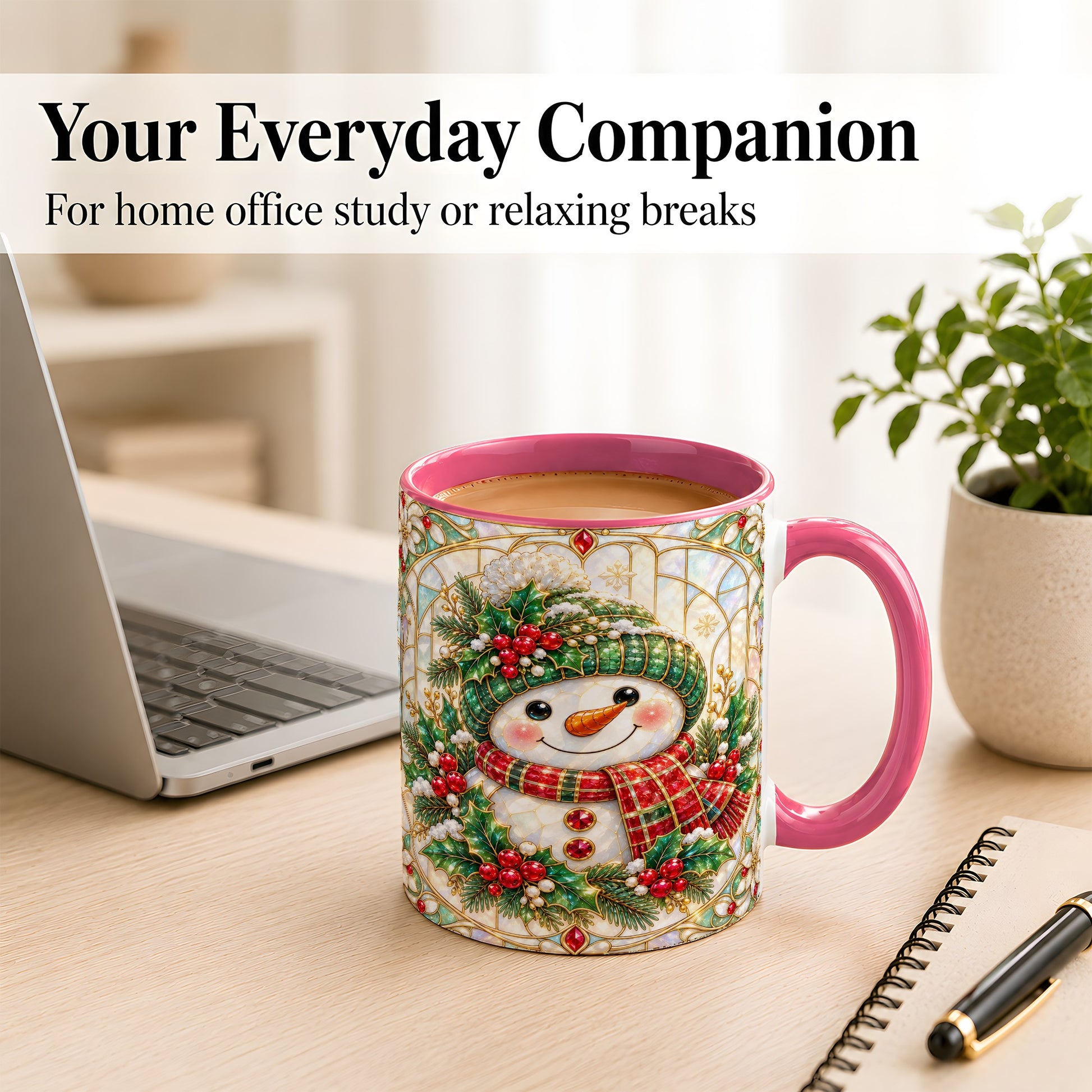 #pl[11oz|Pink] Christmas Snowman Coffee Mug, Plaid Holly Mug, Ceramic Cup