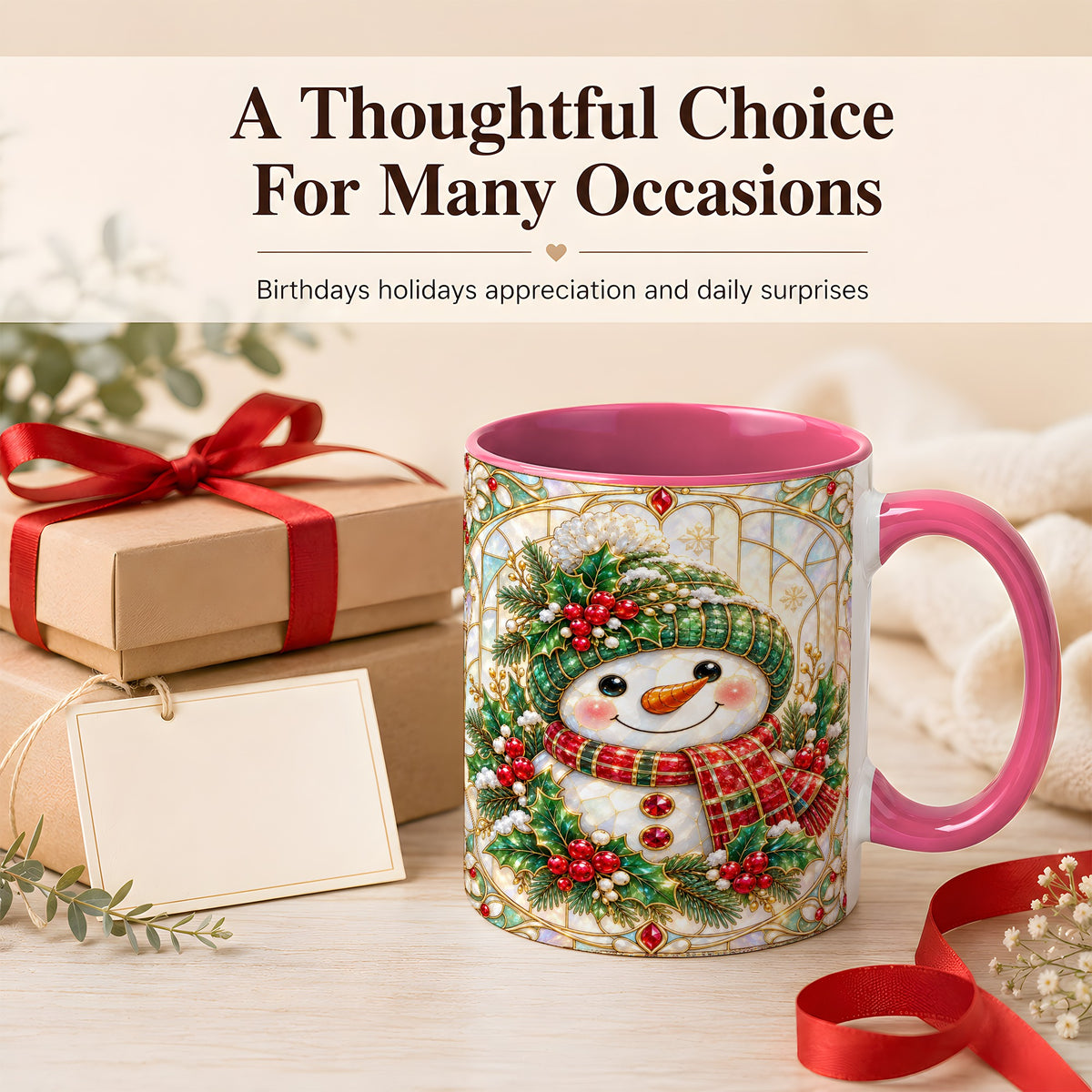 #pl[11oz|Pink] Christmas Snowman Coffee Mug, Plaid Holly Mug, Ceramic Cup