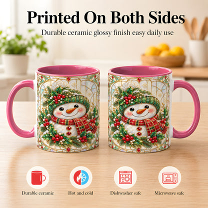 #pl[11oz|Pink] Christmas Snowman Coffee Mug, Plaid Holly Mug, Ceramic Cup