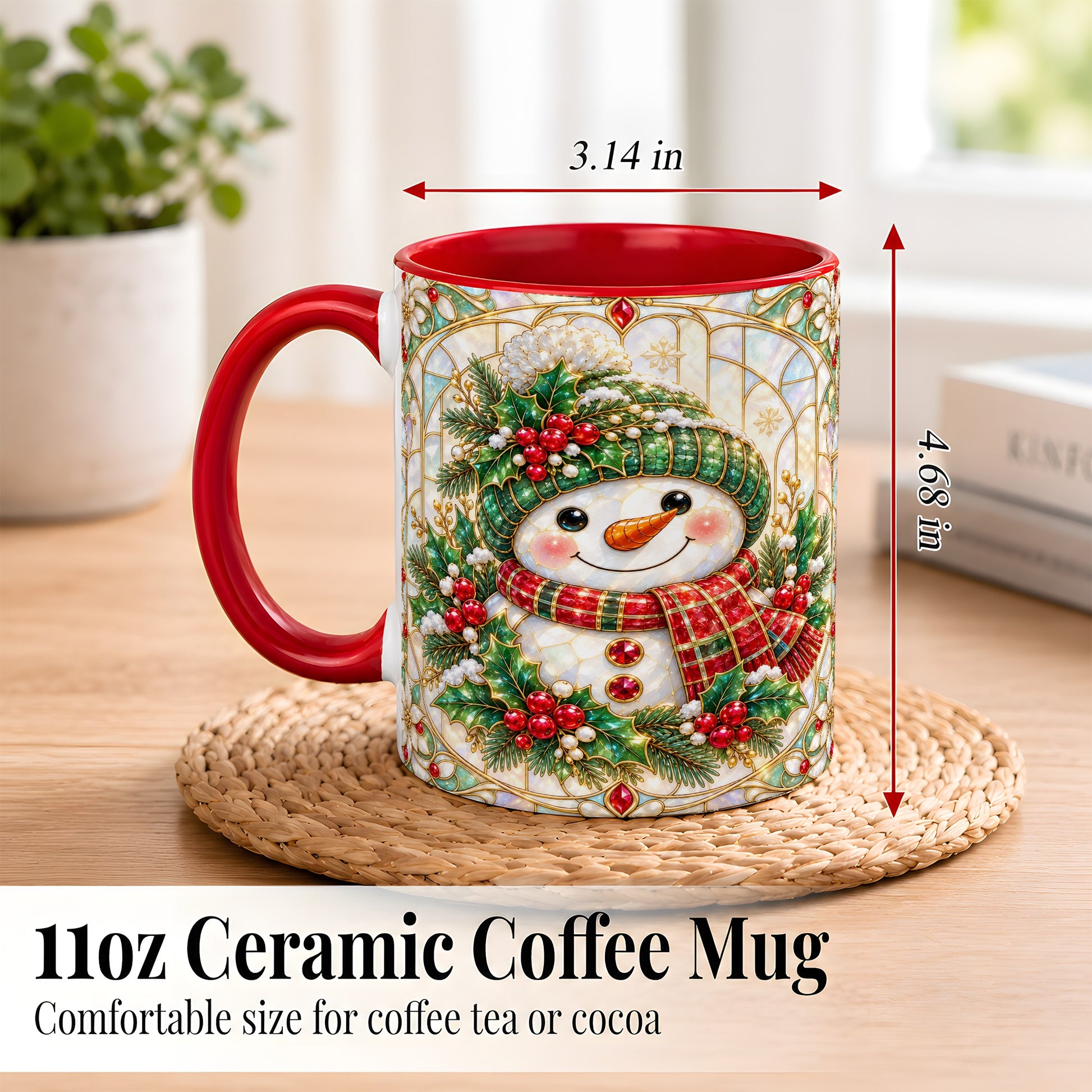 #pl[11oz|Red] Christmas Snowman Coffee Mug, Plaid Holly Mug, Ceramic Cup