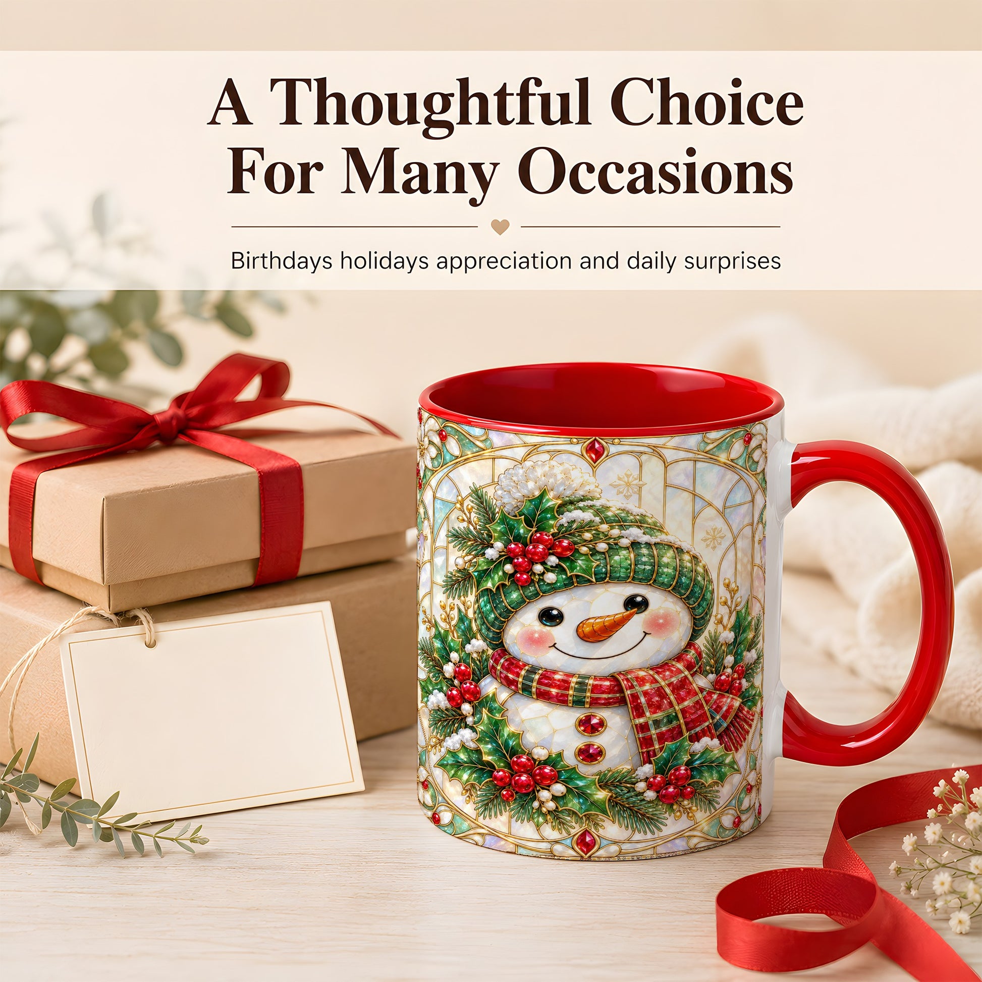 #pl[11oz|Red] Christmas Snowman Coffee Mug, Plaid Holly Mug, Ceramic Cup