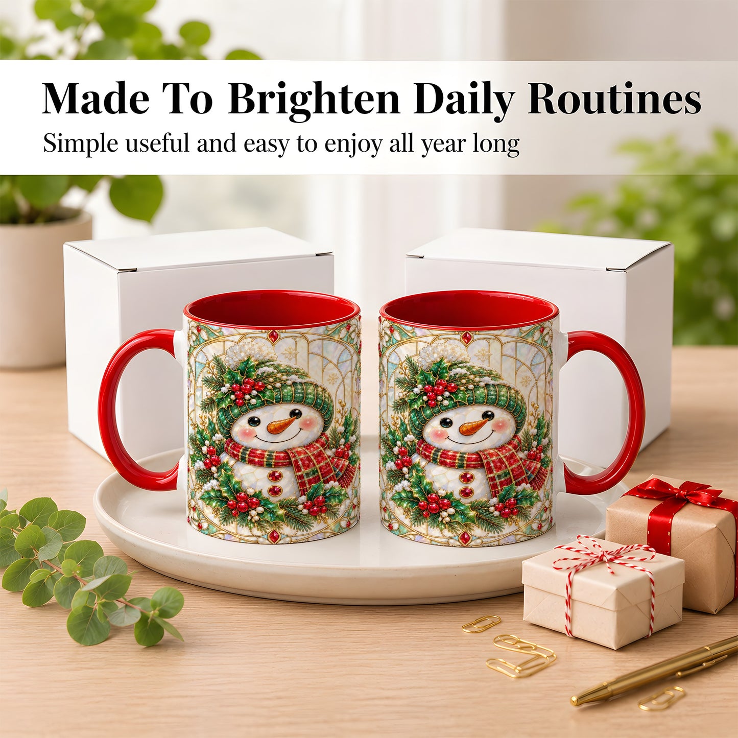 #pl[11oz|Red] Christmas Snowman Coffee Mug, Plaid Holly Mug, Ceramic Cup