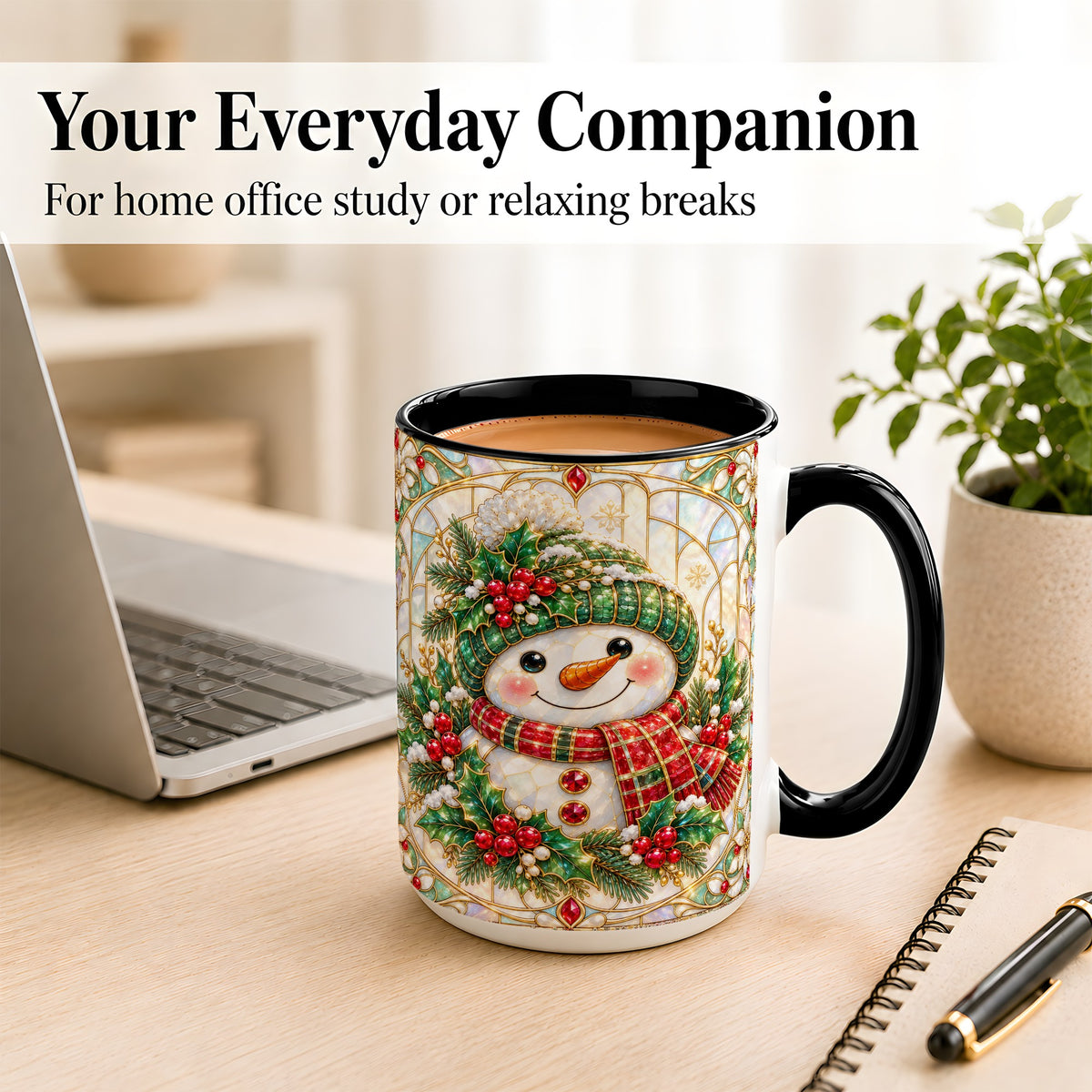 #pl[15oz|Black] Christmas Snowman Coffee Mug, Plaid Holly Mug, Ceramic Cup