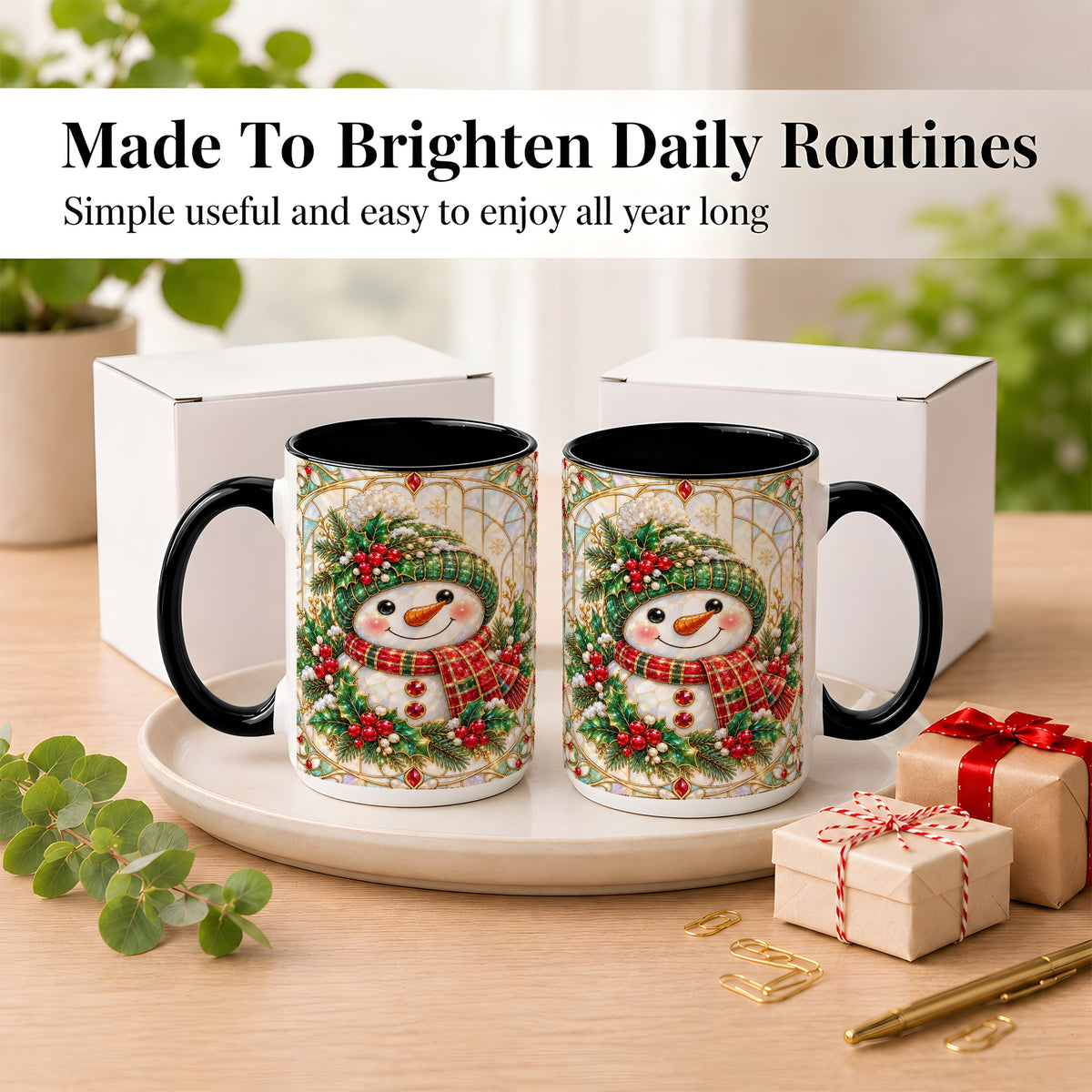 #pl[15oz|Black] Christmas Snowman Coffee Mug, Plaid Holly Mug, Ceramic Cup