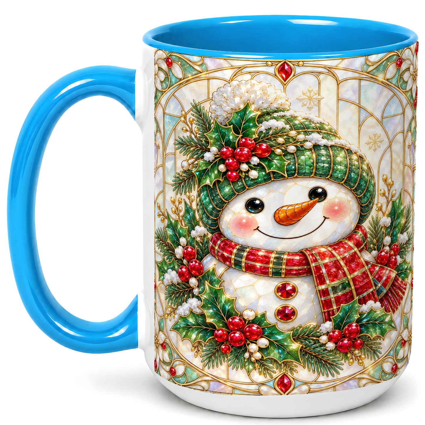 #pl[15oz|Blue] Christmas Snowman Coffee Mug, Plaid Holly Mug, Ceramic Cup