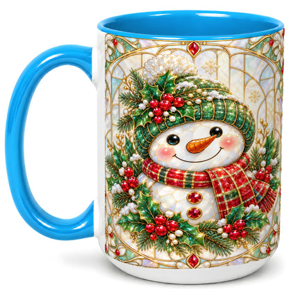 #pl[15oz|Blue] Christmas Snowman Coffee Mug, Plaid Holly Mug, Ceramic Cup