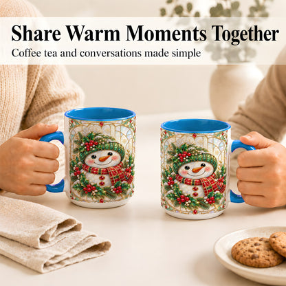#pl[15oz|Blue] Christmas Snowman Coffee Mug, Plaid Holly Mug, Ceramic Cup