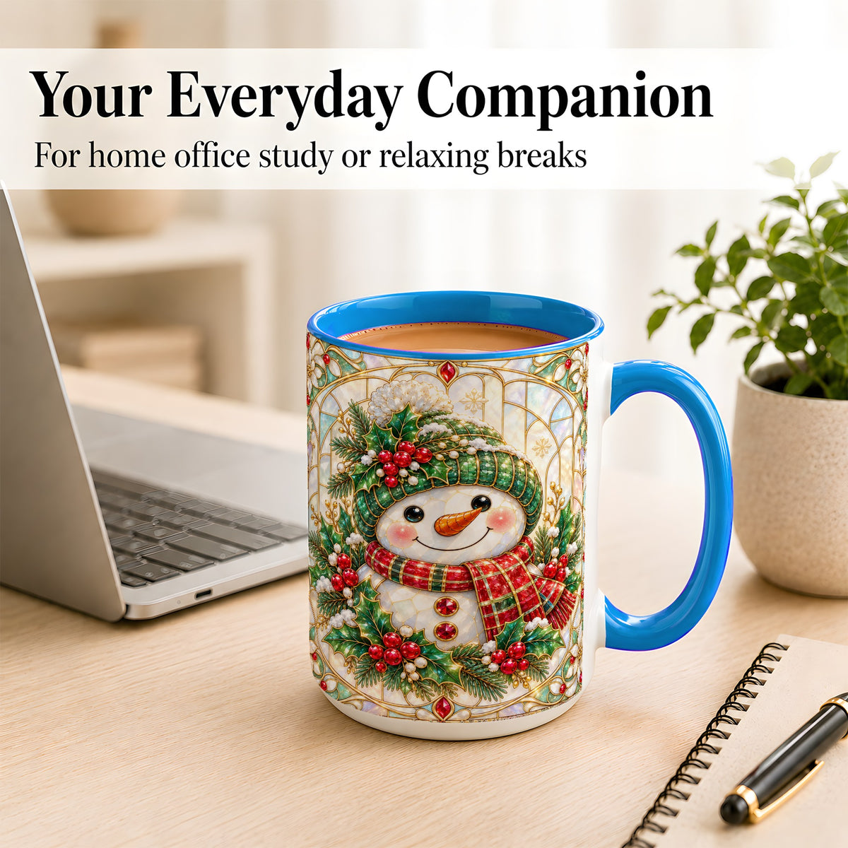 #pl[15oz|Blue] Christmas Snowman Coffee Mug, Plaid Holly Mug, Ceramic Cup