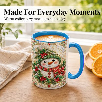 #pl[15oz|Blue] Christmas Snowman Coffee Mug, Plaid Holly Mug, Ceramic Cup