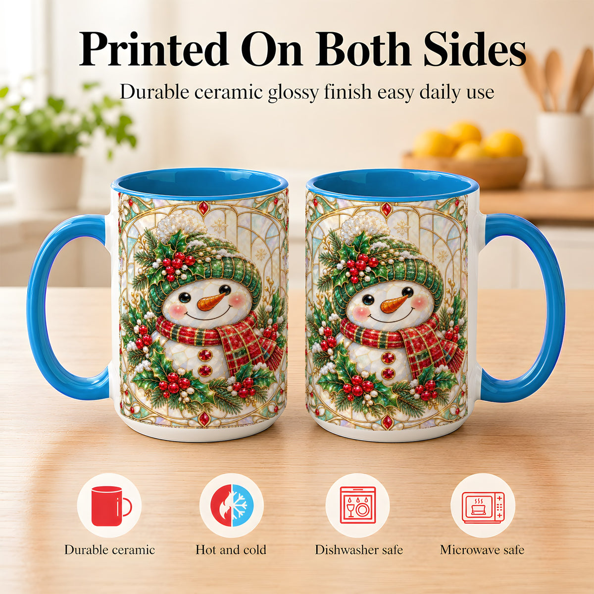 #pl[15oz|Blue] Christmas Snowman Coffee Mug, Plaid Holly Mug, Ceramic Cup