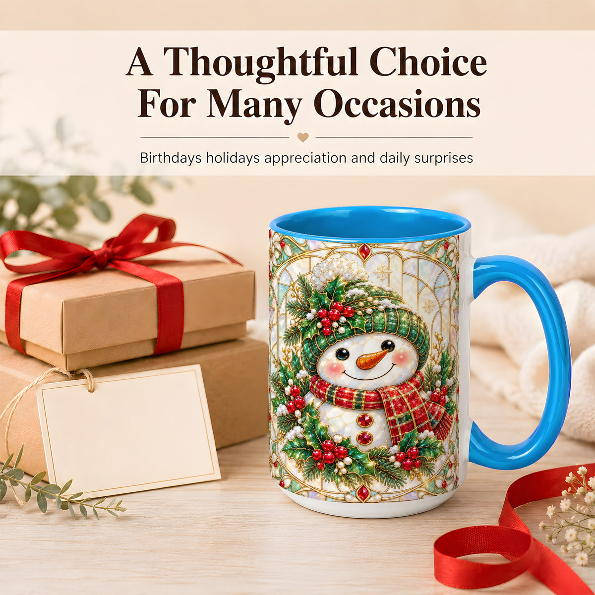 #pl[15oz|Blue] Christmas Snowman Coffee Mug, Plaid Holly Mug, Ceramic Cup
