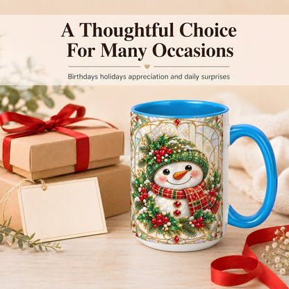#pl[15oz|Blue] Christmas Snowman Coffee Mug, Plaid Holly Mug, Ceramic Cup