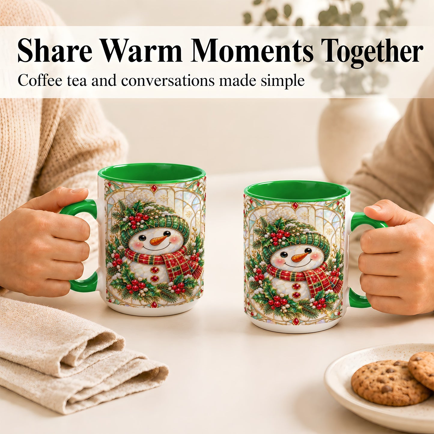 #pl[15oz|Green] Christmas Snowman Coffee Mug, Plaid Holly Mug, Ceramic Cup