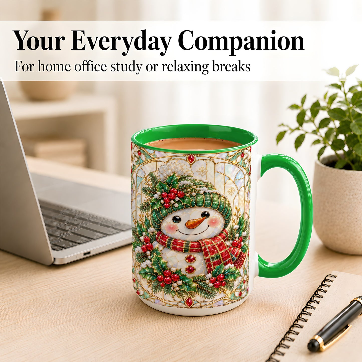 #pl[15oz|Green] Christmas Snowman Coffee Mug, Plaid Holly Mug, Ceramic Cup
