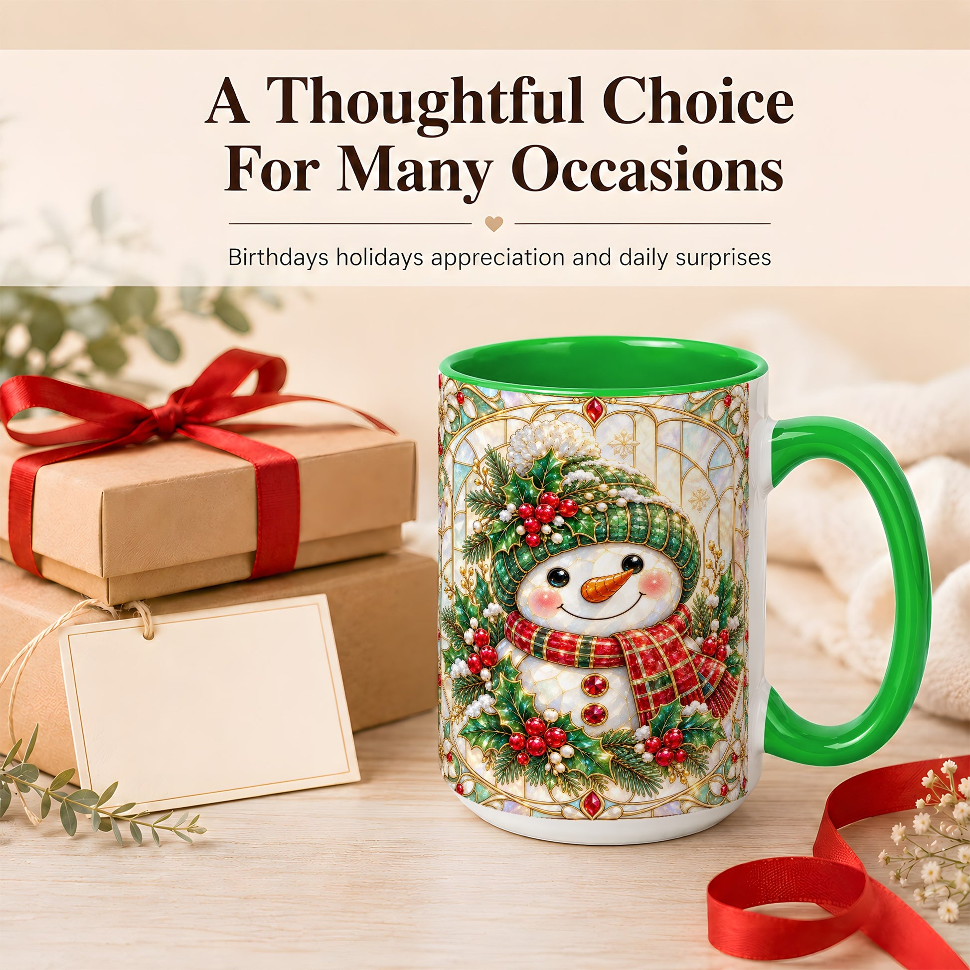 #pl[15oz|Green] Christmas Snowman Coffee Mug, Plaid Holly Mug, Ceramic Cup