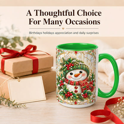 #pl[15oz|Green] Christmas Snowman Coffee Mug, Plaid Holly Mug, Ceramic Cup