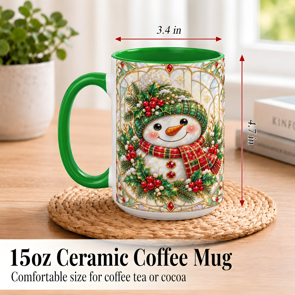#pl[15oz|Green] Christmas Snowman Coffee Mug, Plaid Holly Mug, Ceramic Cup