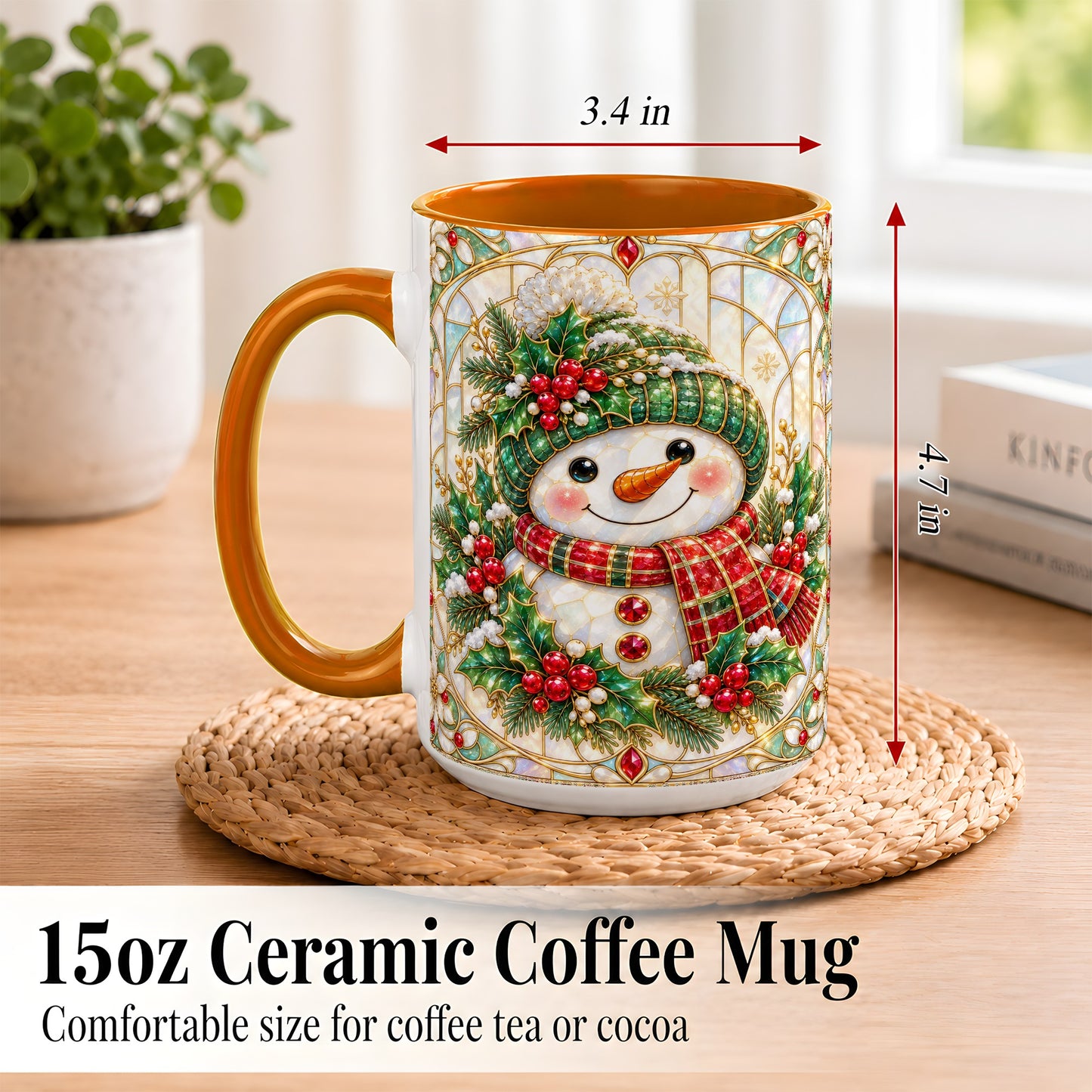 #pl[15oz|Orange] Christmas Snowman Coffee Mug, Plaid Holly Mug, Ceramic Cup