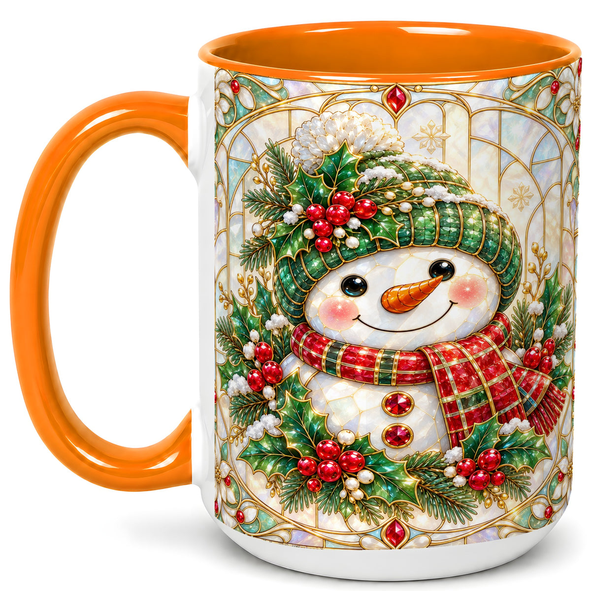 #pl[15oz|Orange] Christmas Snowman Coffee Mug, Plaid Holly Mug, Ceramic Cup