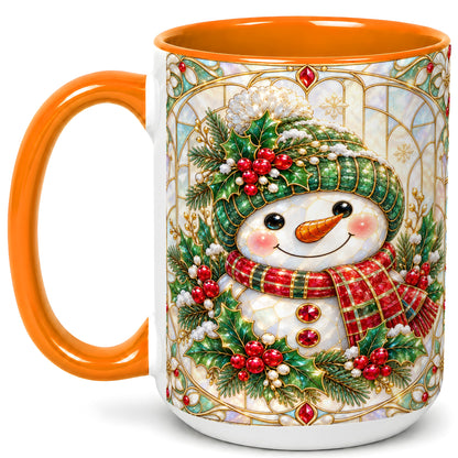 #pl[15oz|Orange] Christmas Snowman Coffee Mug, Plaid Holly Mug, Ceramic Cup