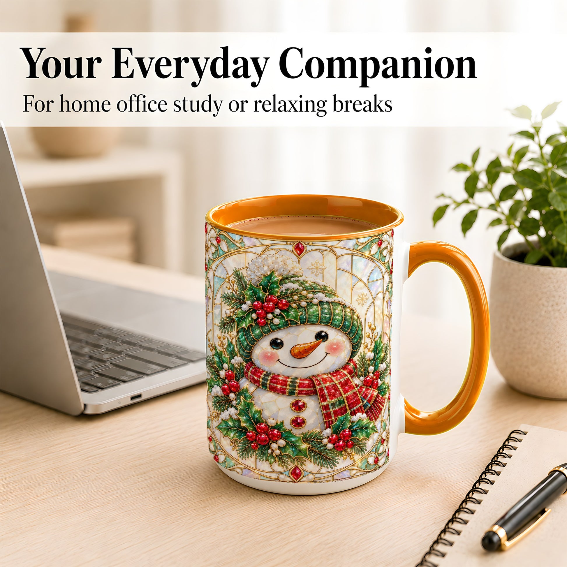 #pl[15oz|Orange] Christmas Snowman Coffee Mug, Plaid Holly Mug, Ceramic Cup