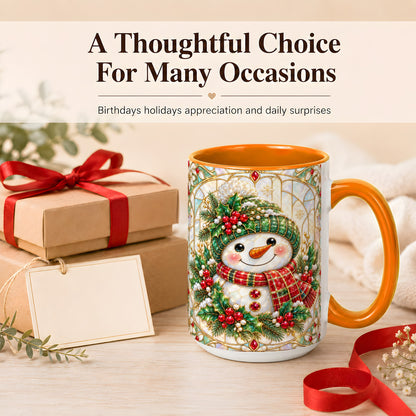 #pl[15oz|Orange] Christmas Snowman Coffee Mug, Plaid Holly Mug, Ceramic Cup