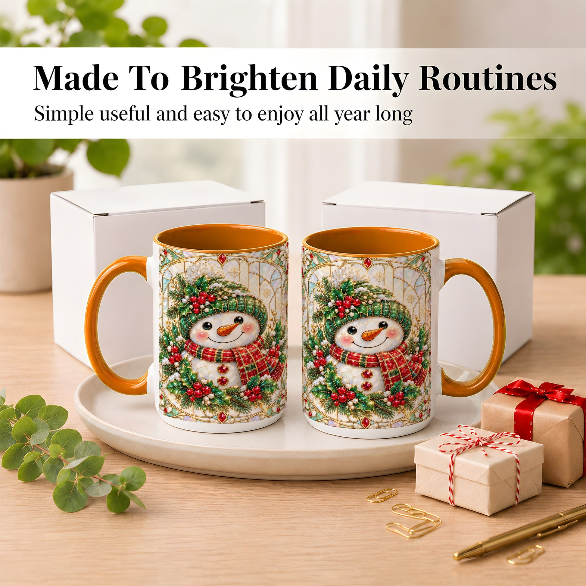 #pl[15oz|Orange] Christmas Snowman Coffee Mug, Plaid Holly Mug, Ceramic Cup