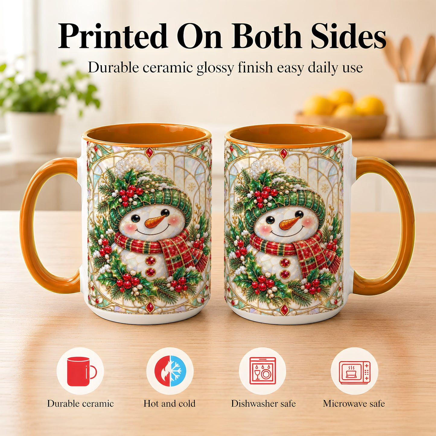 #pl[15oz|Orange] Christmas Snowman Coffee Mug, Plaid Holly Mug, Ceramic Cup