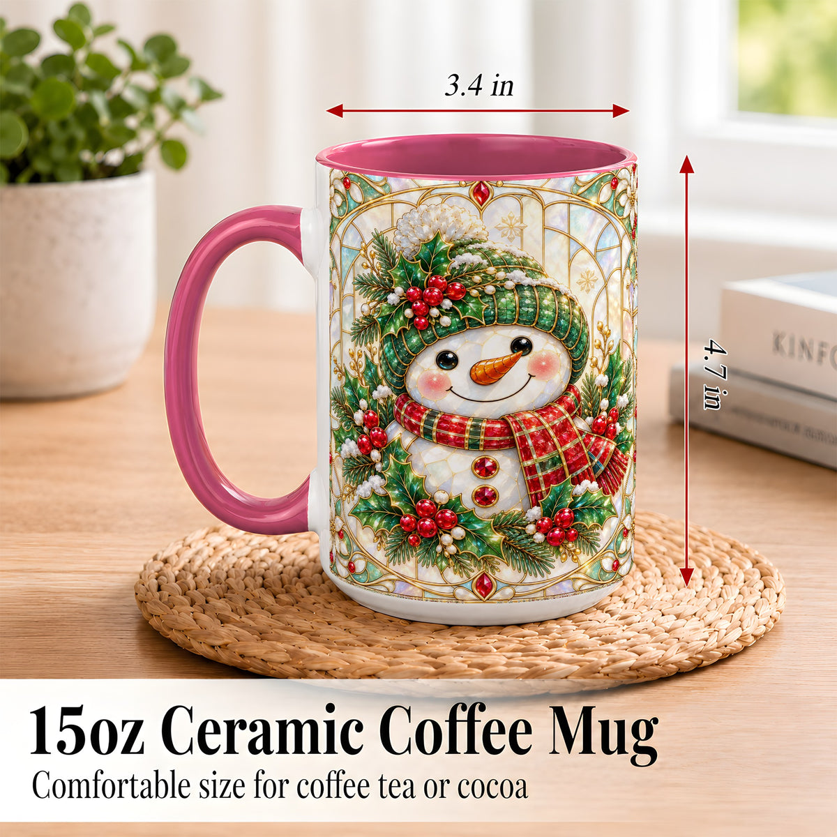 #pl[15oz|Pink] Christmas Snowman Coffee Mug, Plaid Holly Mug, Ceramic Cup