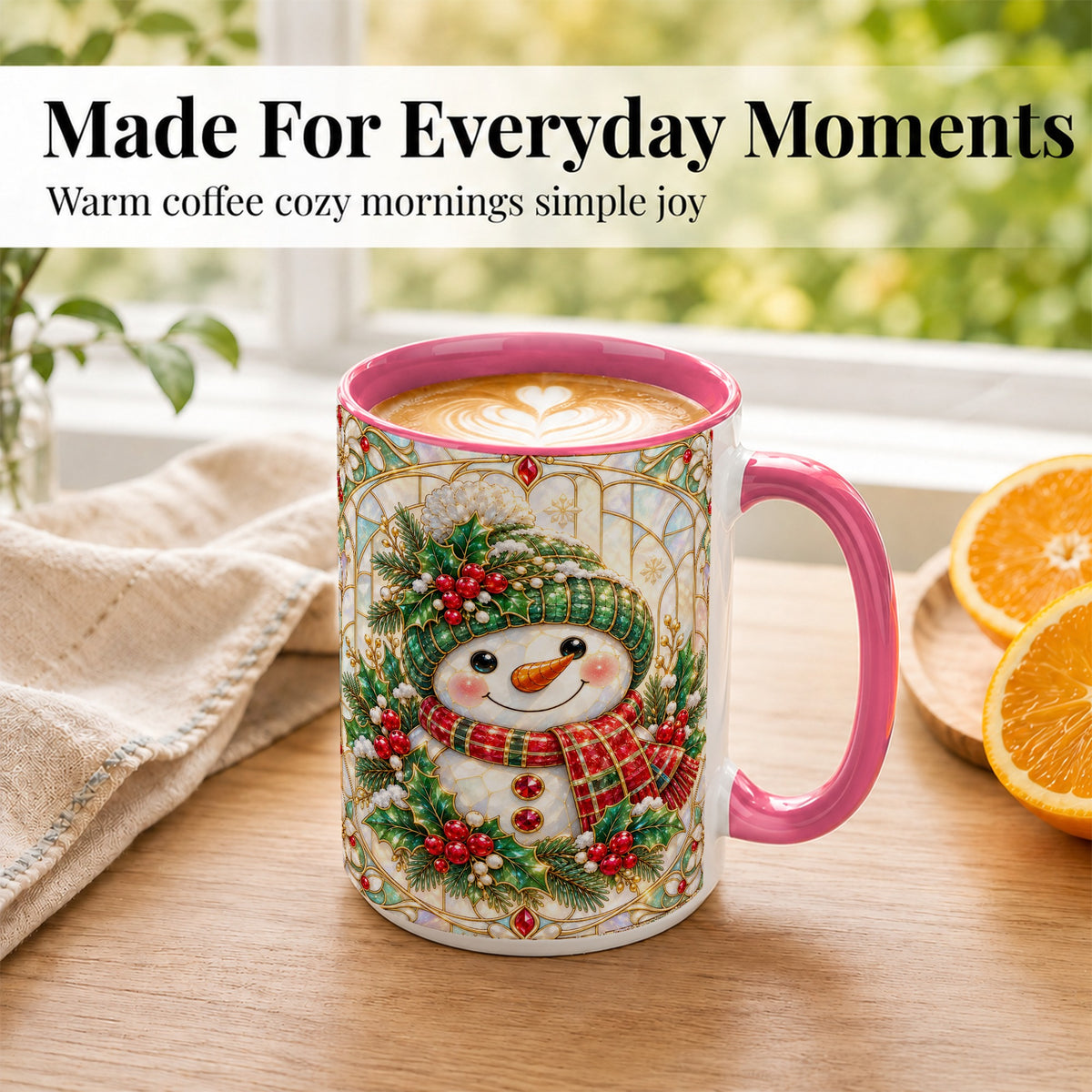 #pl[15oz|Pink] Christmas Snowman Coffee Mug, Plaid Holly Mug, Ceramic Cup