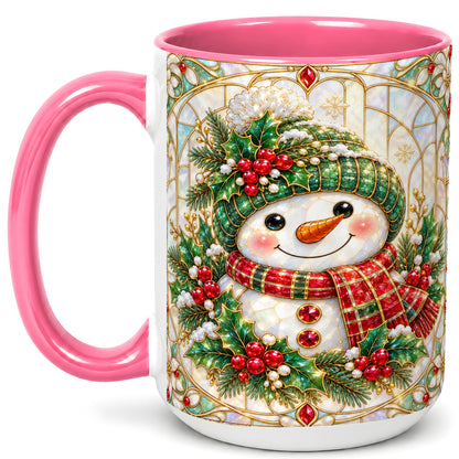 #pl[15oz|Pink] Christmas Snowman Coffee Mug, Plaid Holly Mug, Ceramic Cup