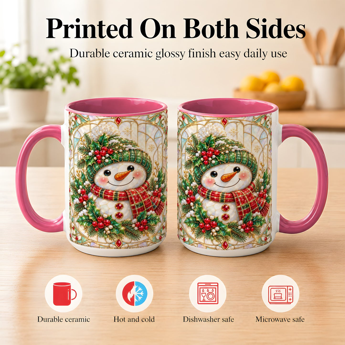 #pl[15oz|Pink] Christmas Snowman Coffee Mug, Plaid Holly Mug, Ceramic Cup