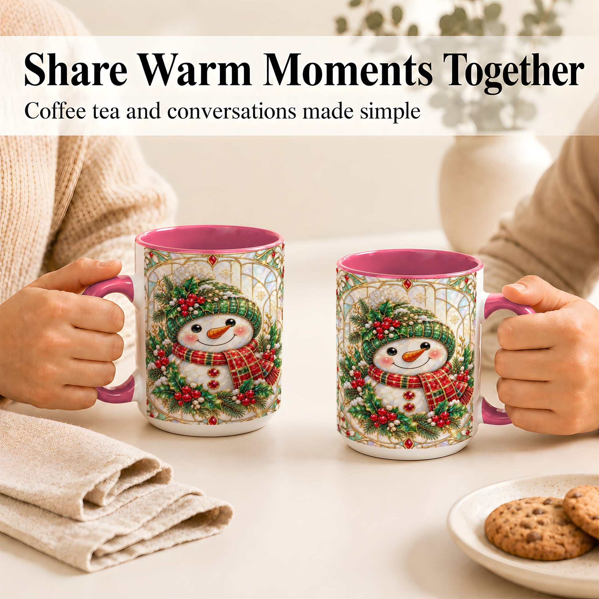 #pl[15oz|Pink] Christmas Snowman Coffee Mug, Plaid Holly Mug, Ceramic Cup