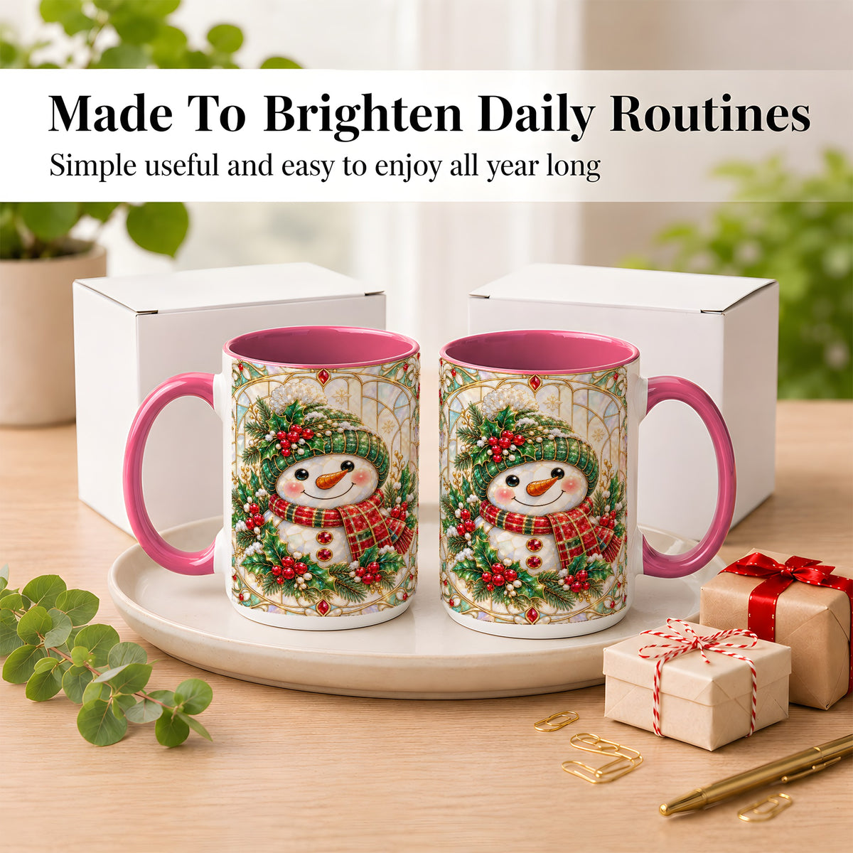 #pl[15oz|Pink] Christmas Snowman Coffee Mug, Plaid Holly Mug, Ceramic Cup