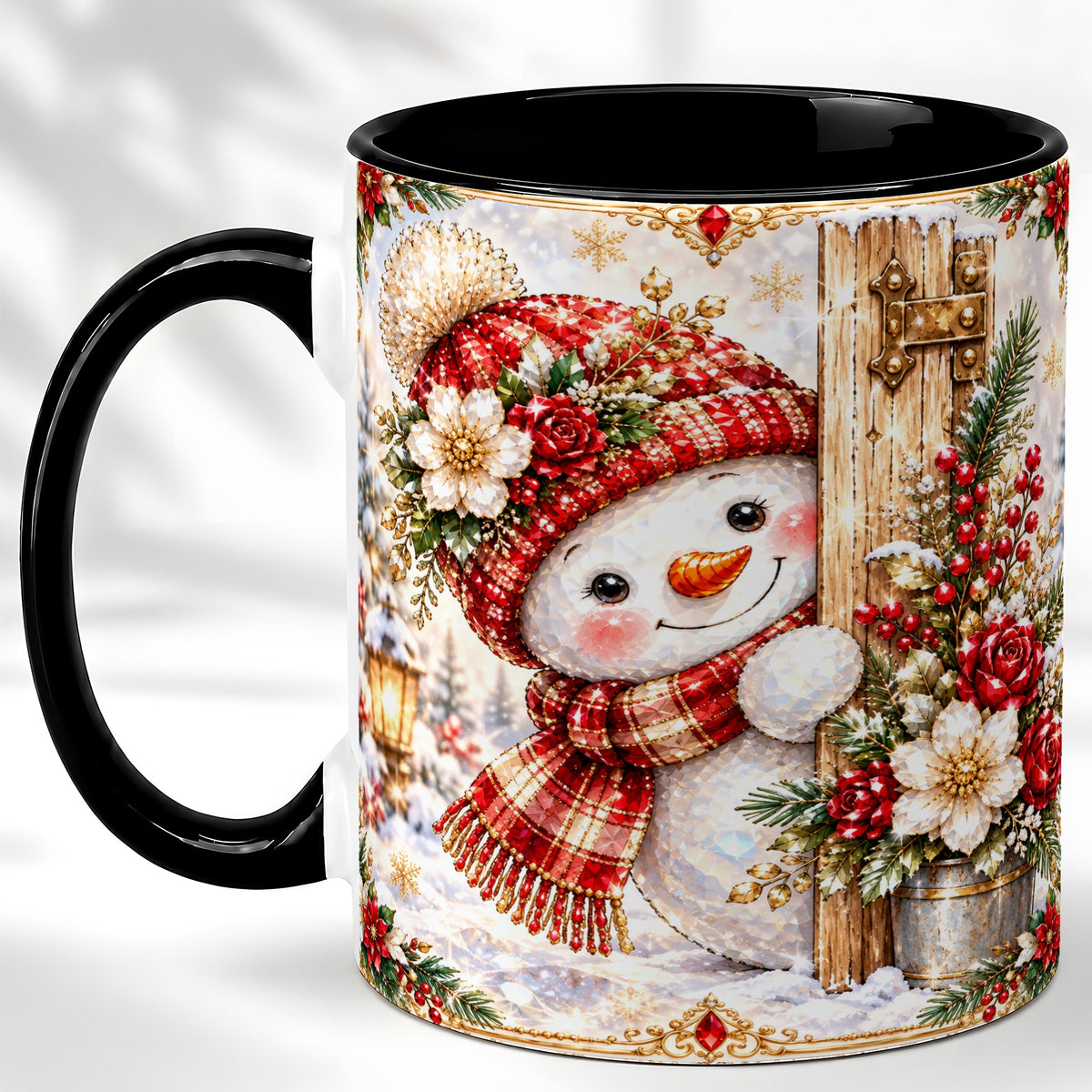 #pl[11oz|Black] Christmas Snowman Coffee Mug, Red Floral Winter Mug, Ceramic Cup