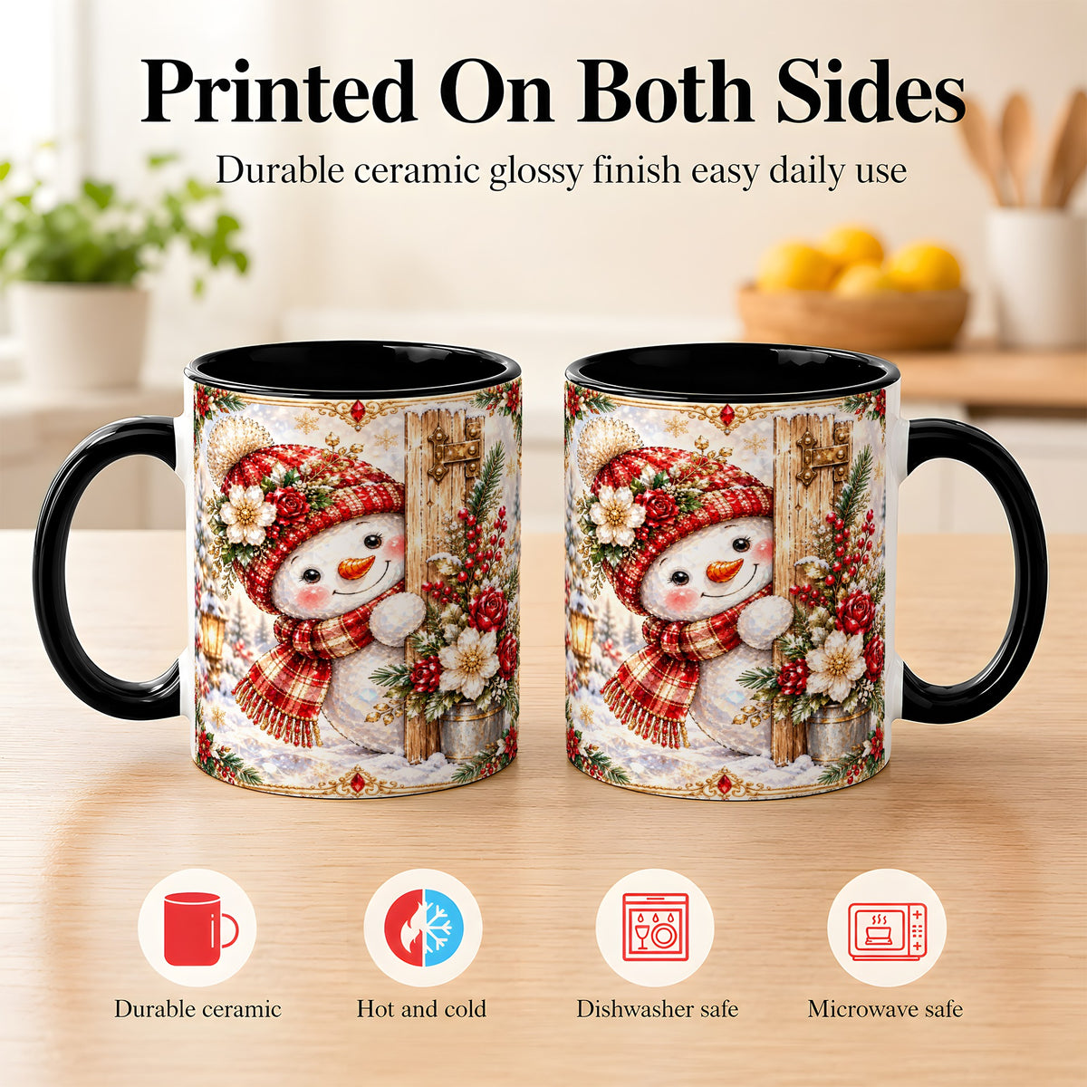 #pl[11oz|Black] Christmas Snowman Coffee Mug, Red Floral Winter Mug, Ceramic Cup