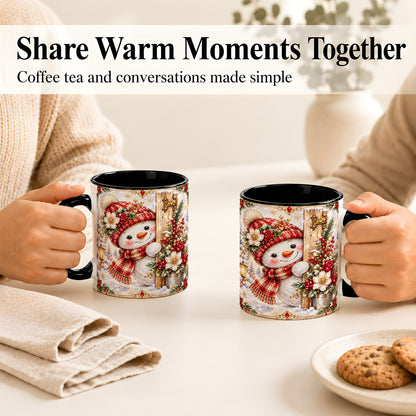 #pl[11oz|Black] Christmas Snowman Coffee Mug, Red Floral Winter Mug, Ceramic Cup
