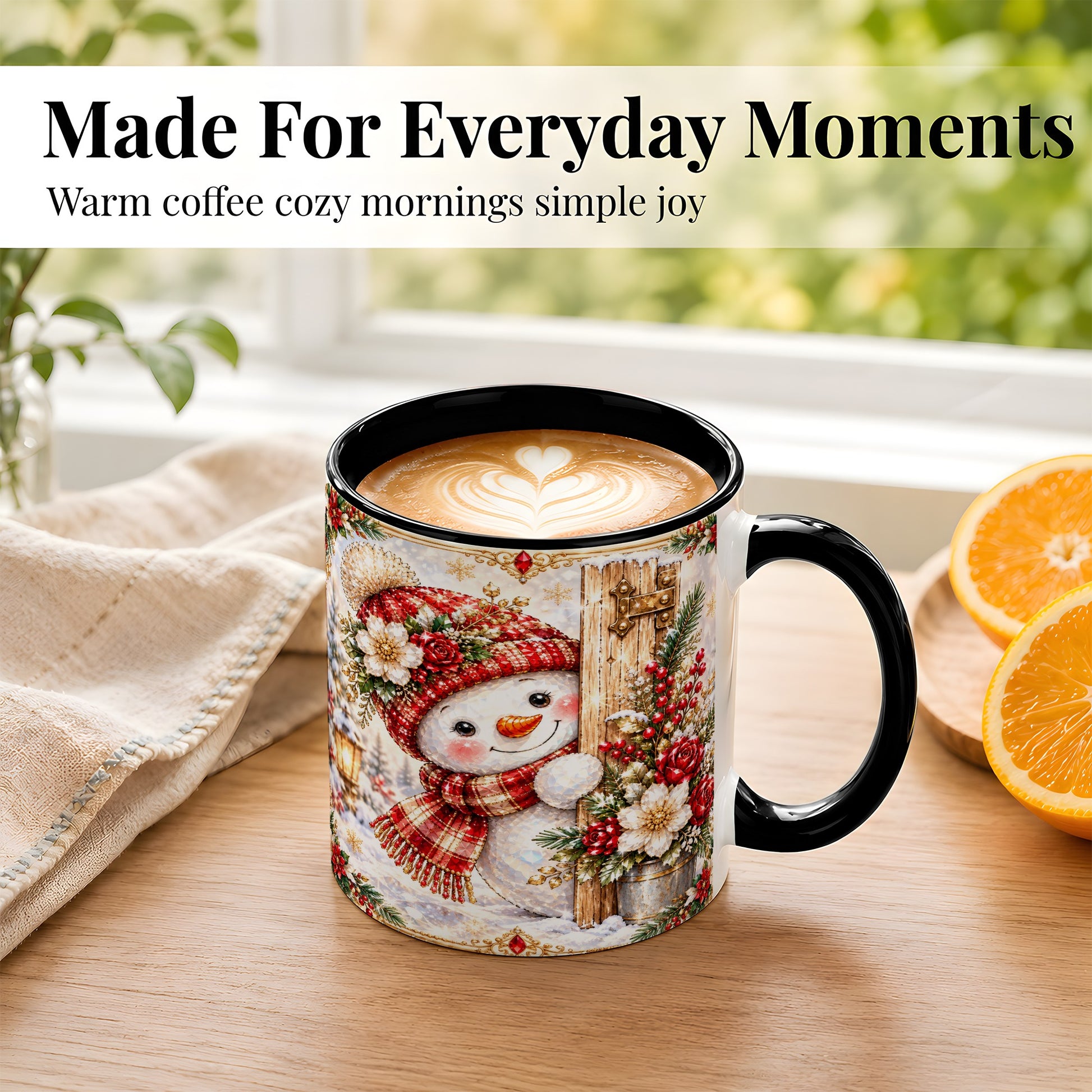 #pl[11oz|Black] Christmas Snowman Coffee Mug, Red Floral Winter Mug, Ceramic Cup