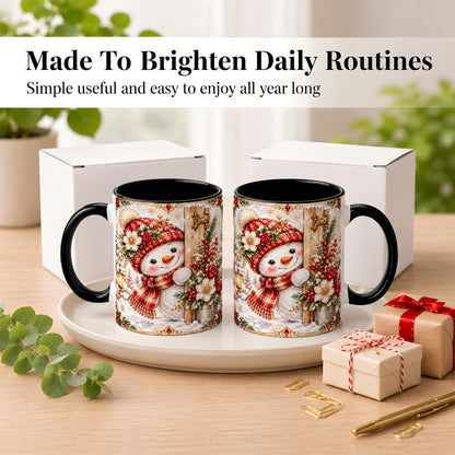 #pl[11oz|Black] Christmas Snowman Coffee Mug, Red Floral Winter Mug, Ceramic Cup