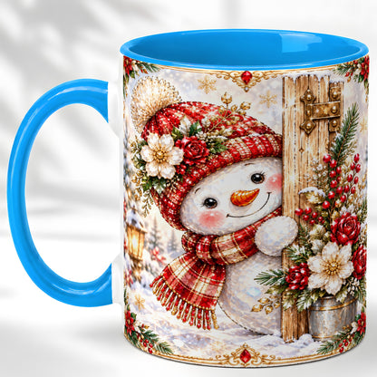 #pl[11oz|Blue] Christmas Snowman Coffee Mug, Red Floral Winter Mug, Ceramic Cup