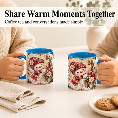 #pl[11oz|Blue] Christmas Snowman Coffee Mug, Red Floral Winter Mug, Ceramic Cup