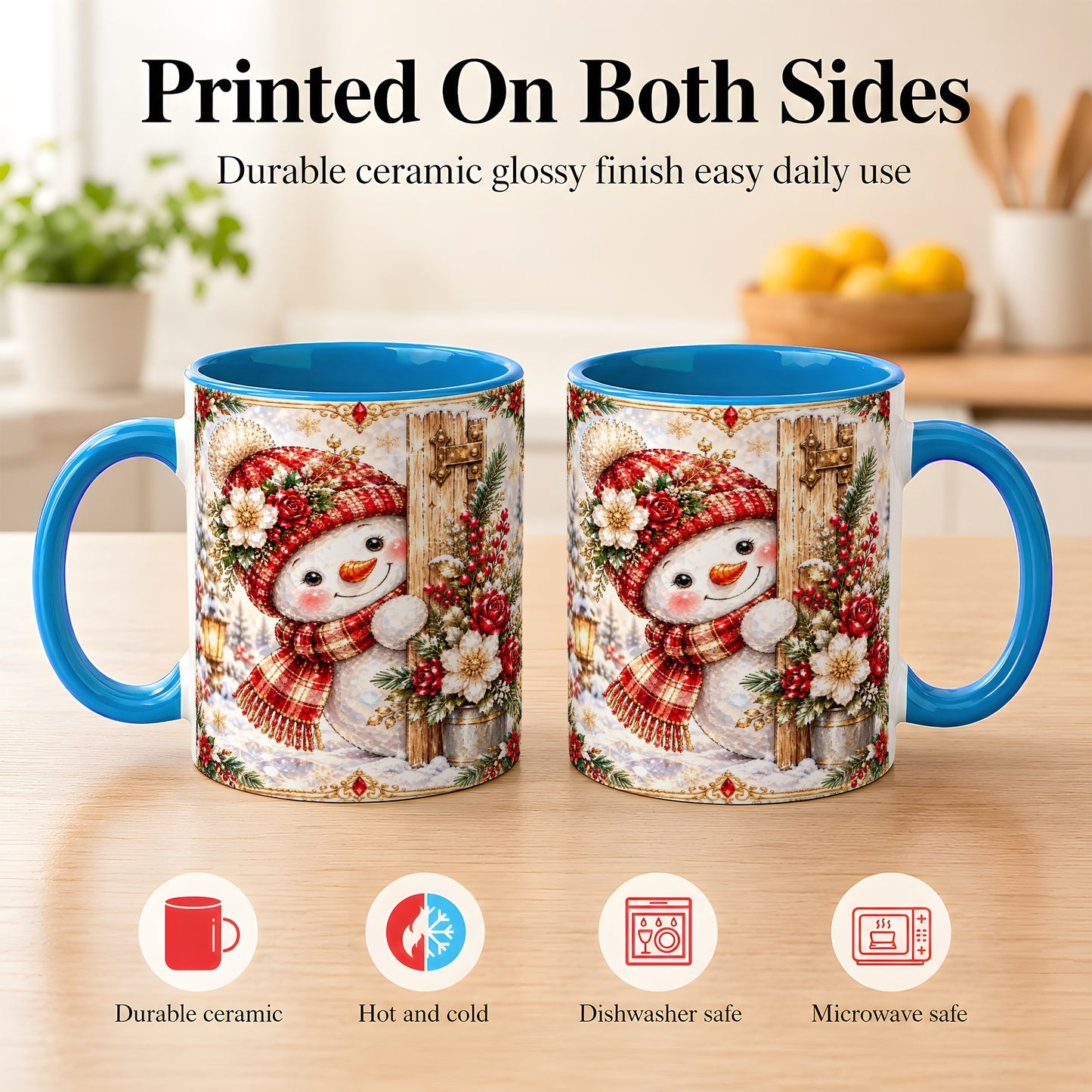 #pl[11oz|Blue] Christmas Snowman Coffee Mug, Red Floral Winter Mug, Ceramic Cup