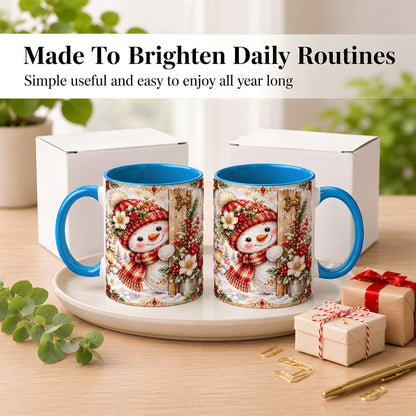 #pl[11oz|Blue] Christmas Snowman Coffee Mug, Red Floral Winter Mug, Ceramic Cup