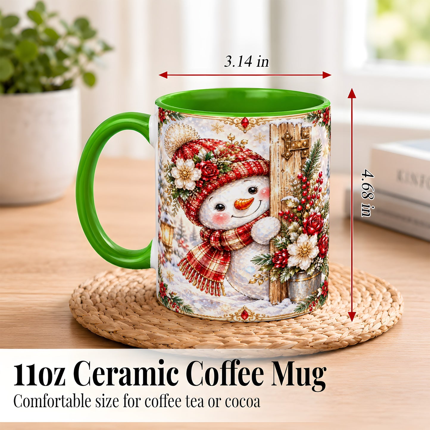 #pl[11oz|Green] Christmas Snowman Coffee Mug, Red Floral Winter Mug, Ceramic Cup