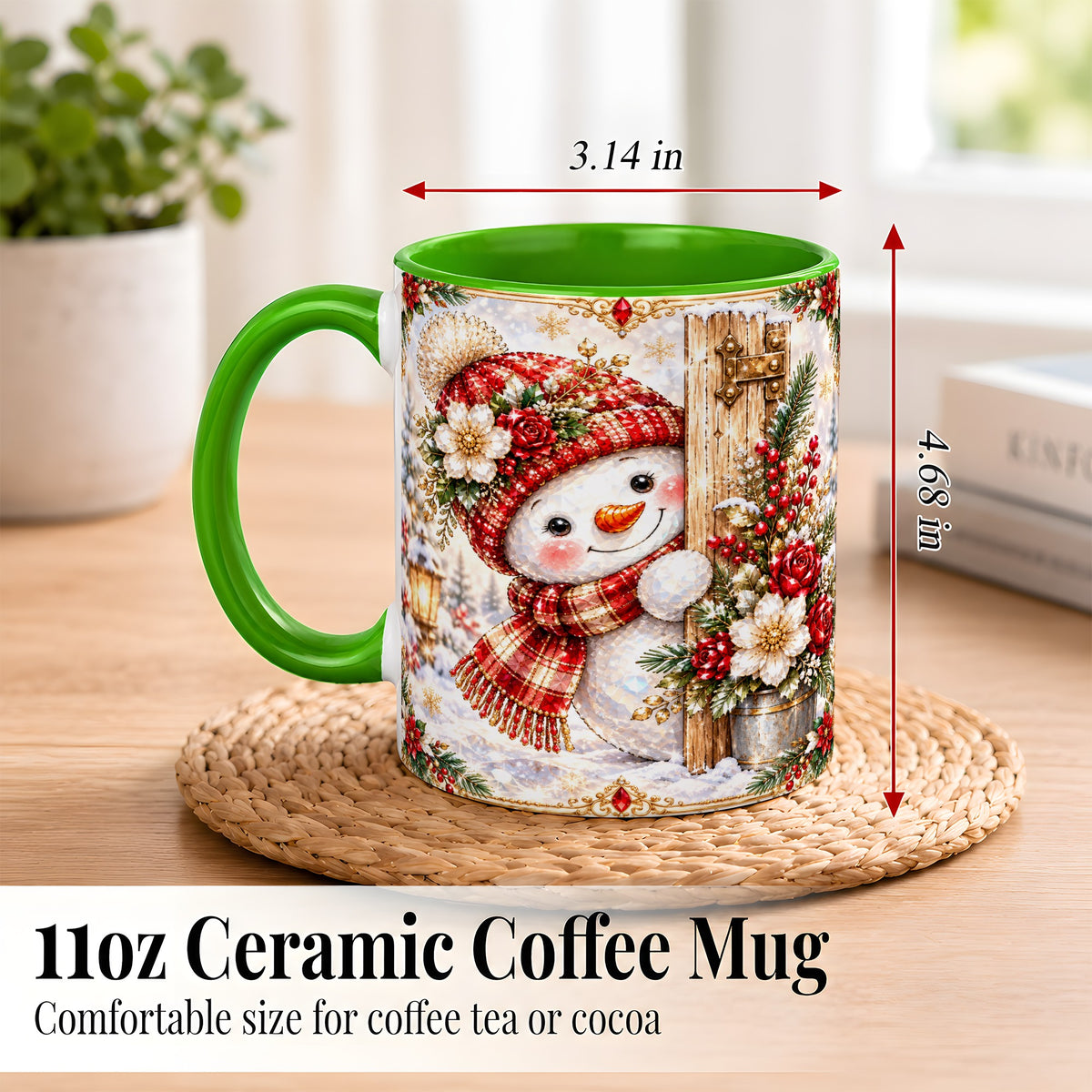 #pl[11oz|Green] Christmas Snowman Coffee Mug, Red Floral Winter Mug, Ceramic Cup