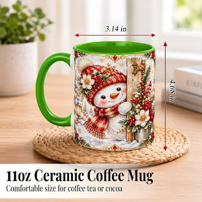 #pl[11oz|Green] Christmas Snowman Coffee Mug, Red Floral Winter Mug, Ceramic Cup