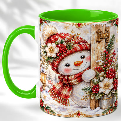 #pl[11oz|Green] Christmas Snowman Coffee Mug, Red Floral Winter Mug, Ceramic Cup