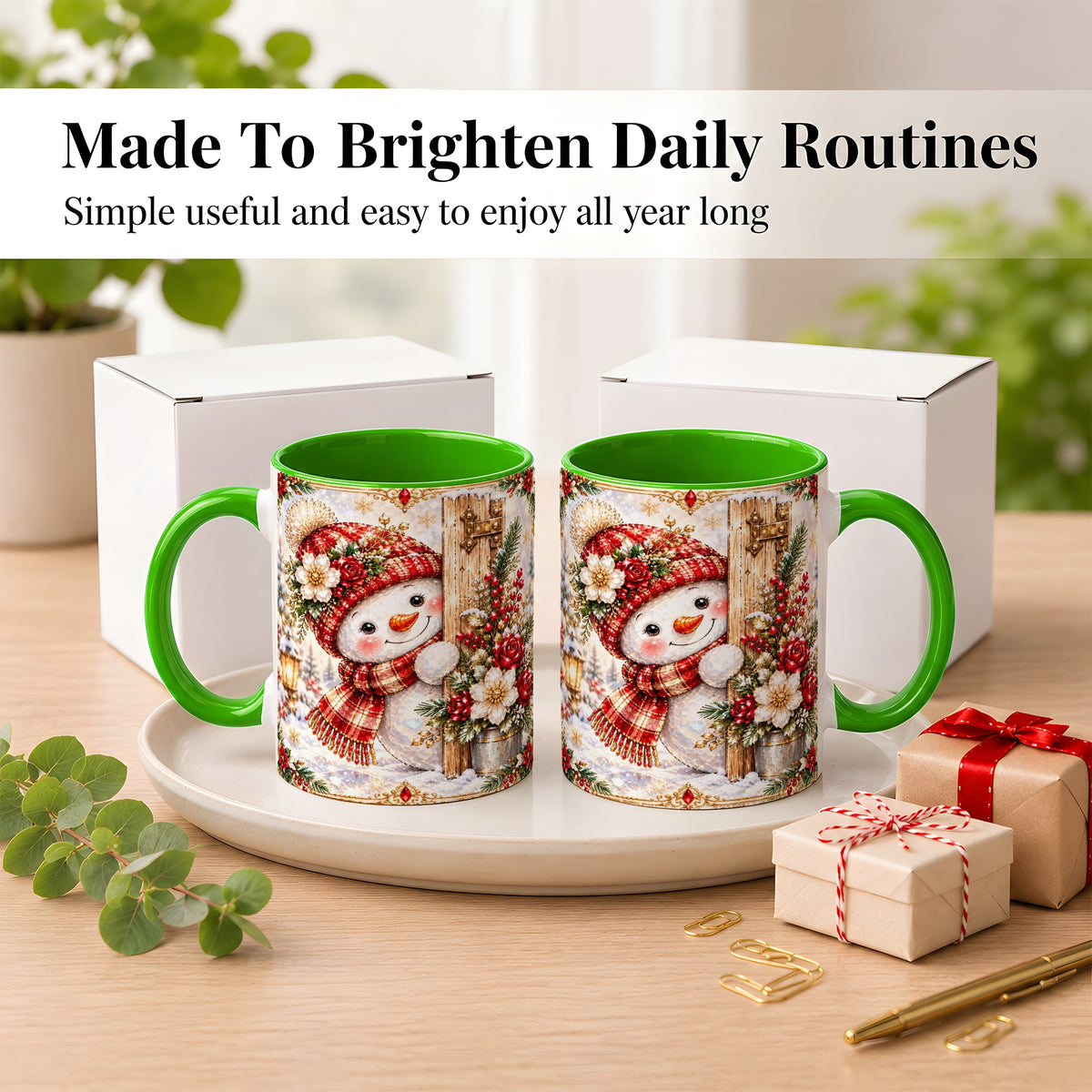 #pl[11oz|Green] Christmas Snowman Coffee Mug, Red Floral Winter Mug, Ceramic Cup